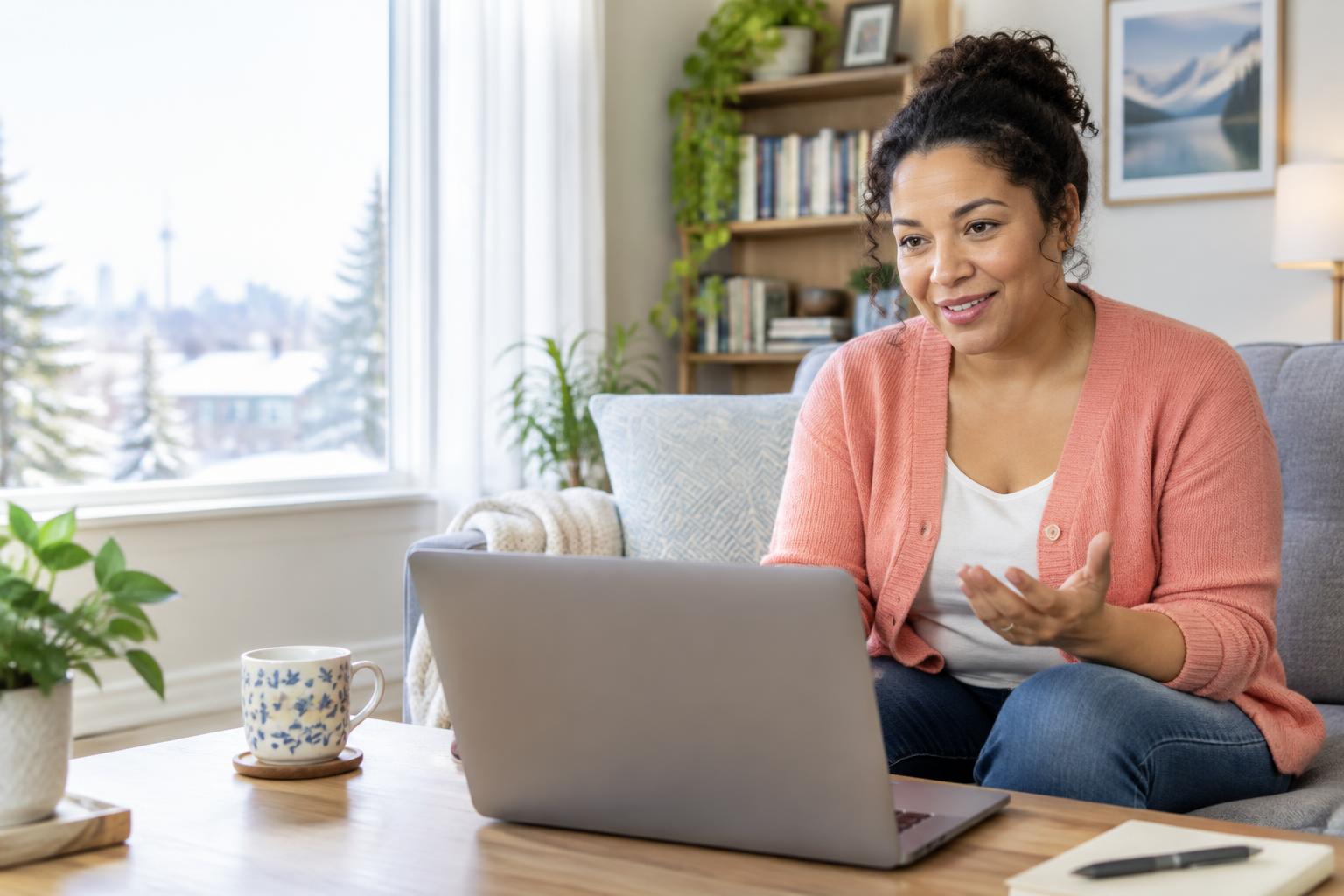 An adult woman comfortably discussing a health concern by laptop from home