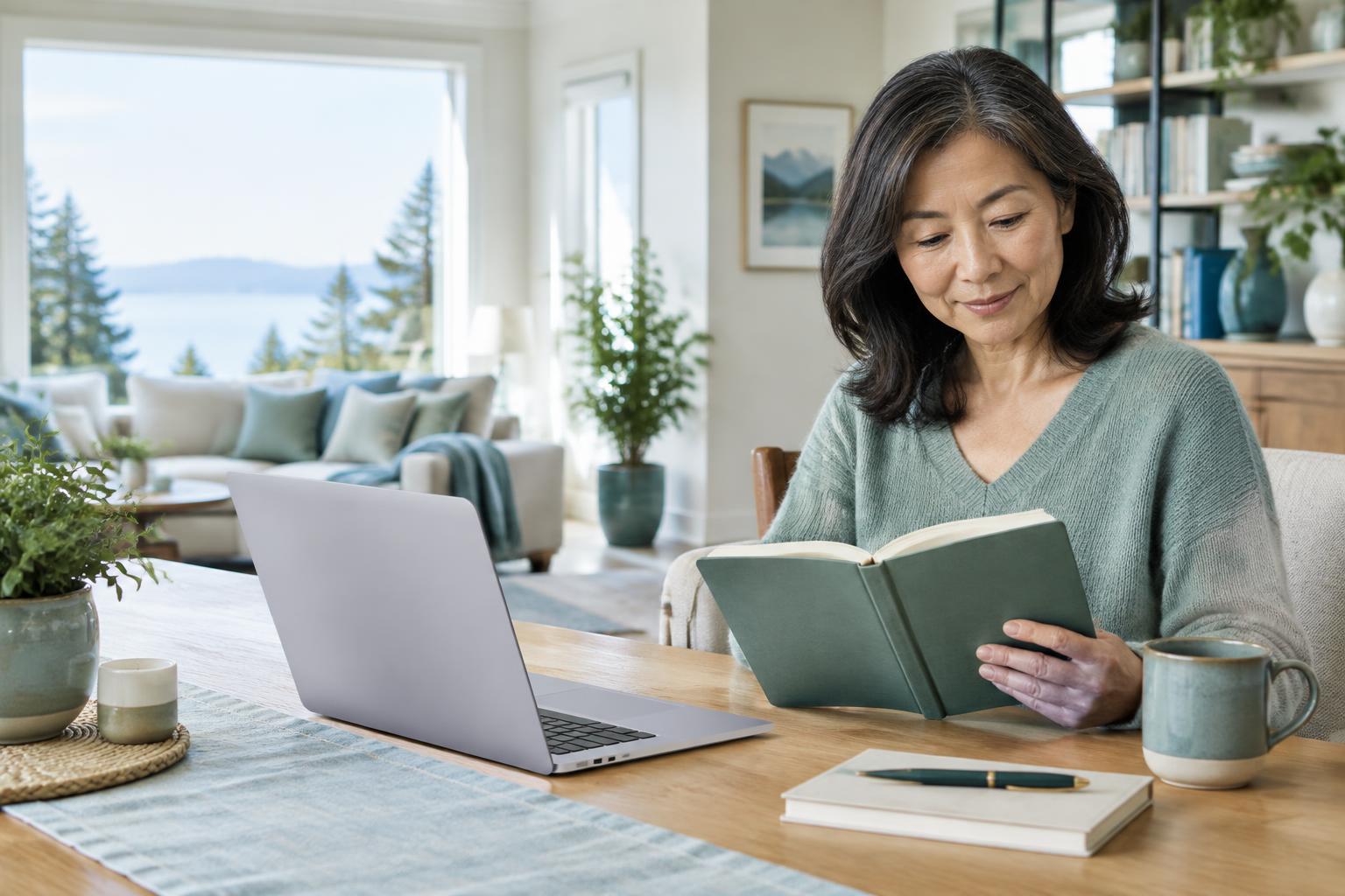 An adult woman reviewing her health notebook beside a laptop at home