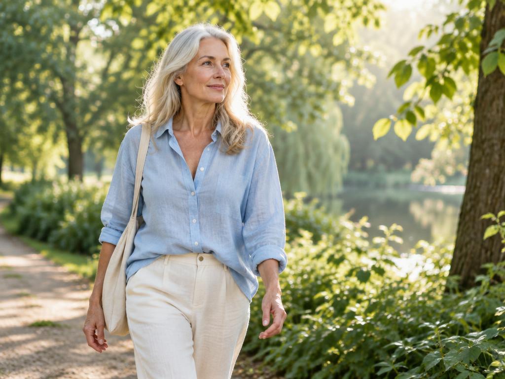 A woman enjoying a quiet walk in a leafy park