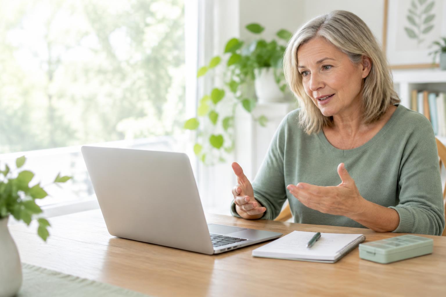 An adult woman discussing medication questions beside a laptop and organiser