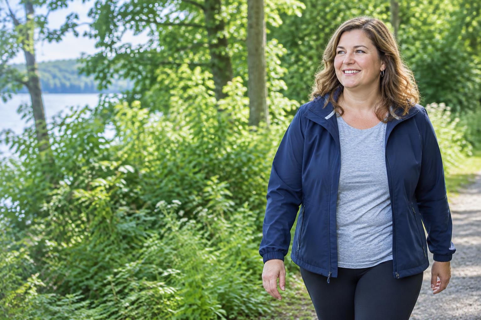 An adult woman enjoying a relaxed walk in an Ontario park